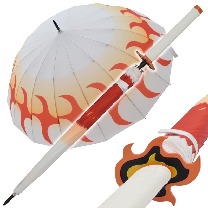 Katana Regenschirm Weiß-Orange Flammen Rengoku Kyojuro Demon Slayer